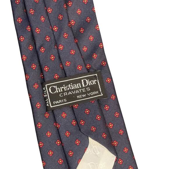 Christian Dior Men's Silk Tie Navy Blue with Red Polka Dot Pattern - Picture 2 of 8